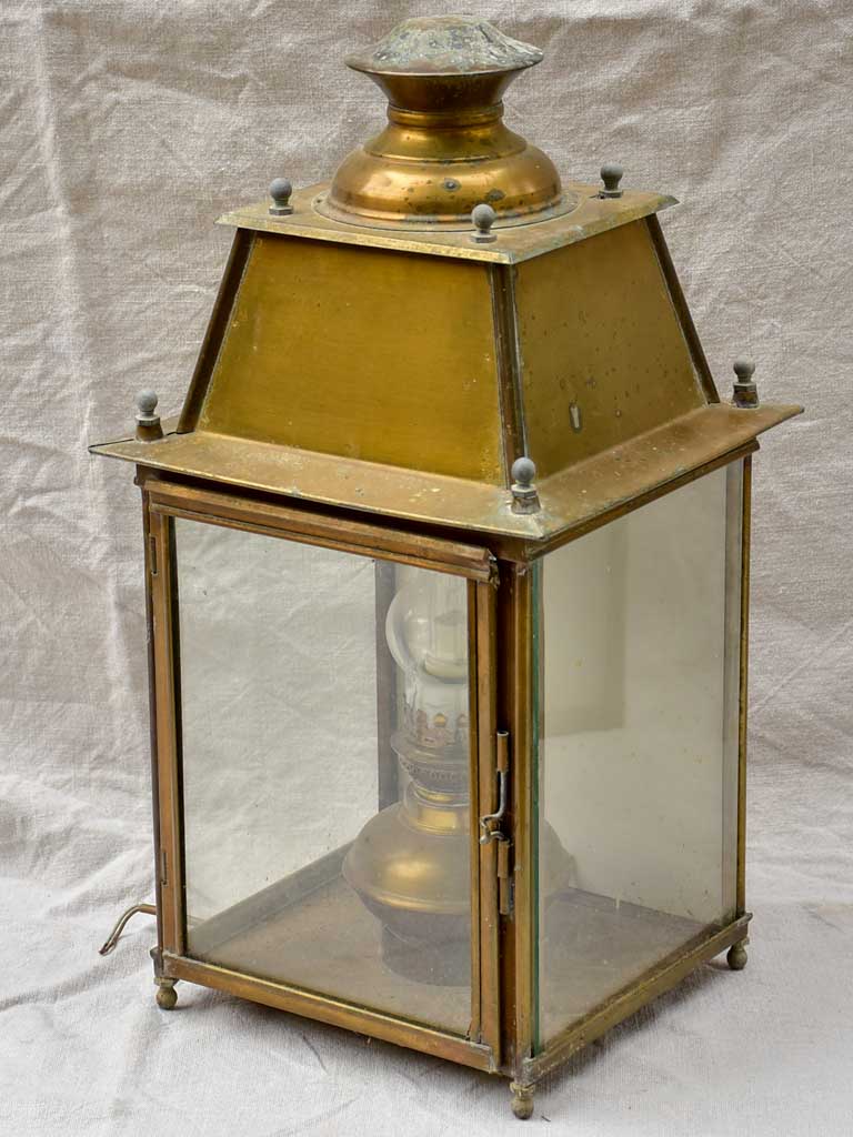 19th Century French wall sconce lantern with original oil lamp fitting - yellow copper 21¼"