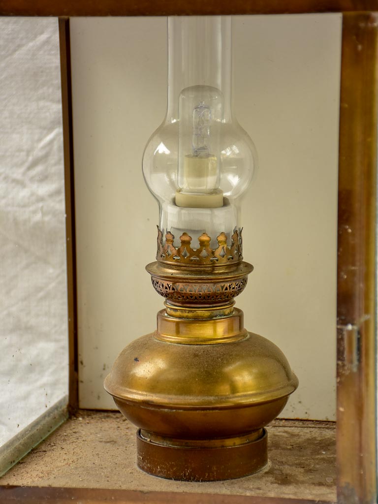 19th Century French wall sconce lantern with original oil lamp fitting - yellow copper 21¼"