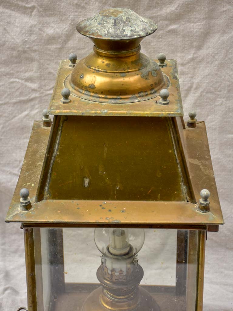 19th Century French wall sconce lantern with original oil lamp fitting - yellow copper 21¼"