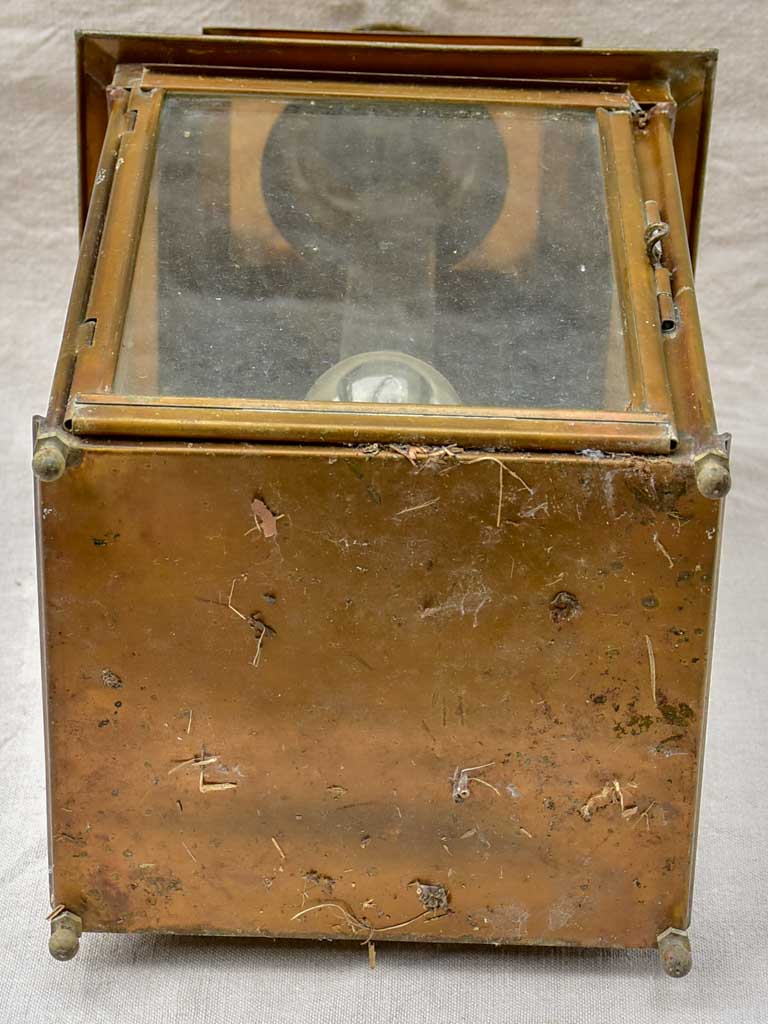 19th Century French wall sconce lantern with original oil lamp fitting - yellow copper 21¼"