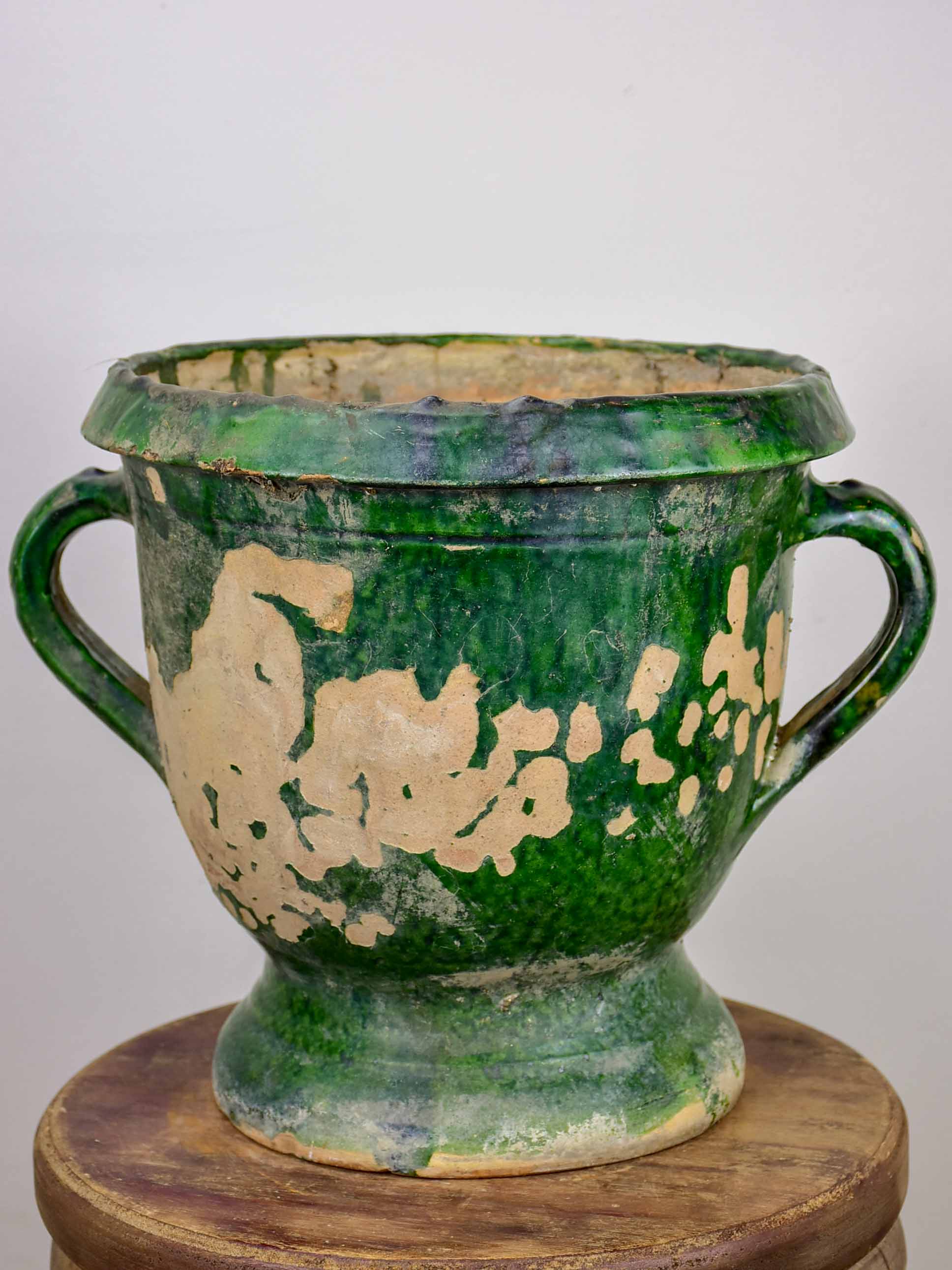Antique French garden planter with green glaze - 11 ½''