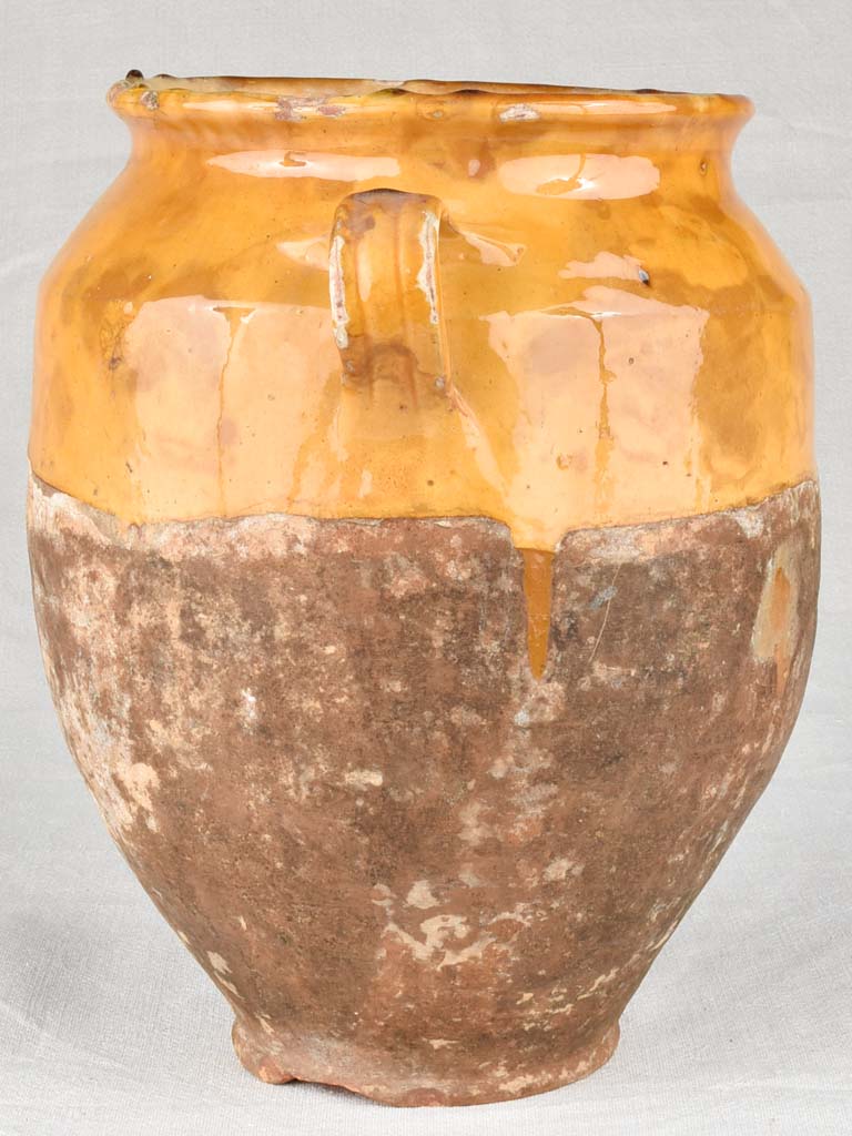 Large antique French confit pot with yellow glaze 12¼"