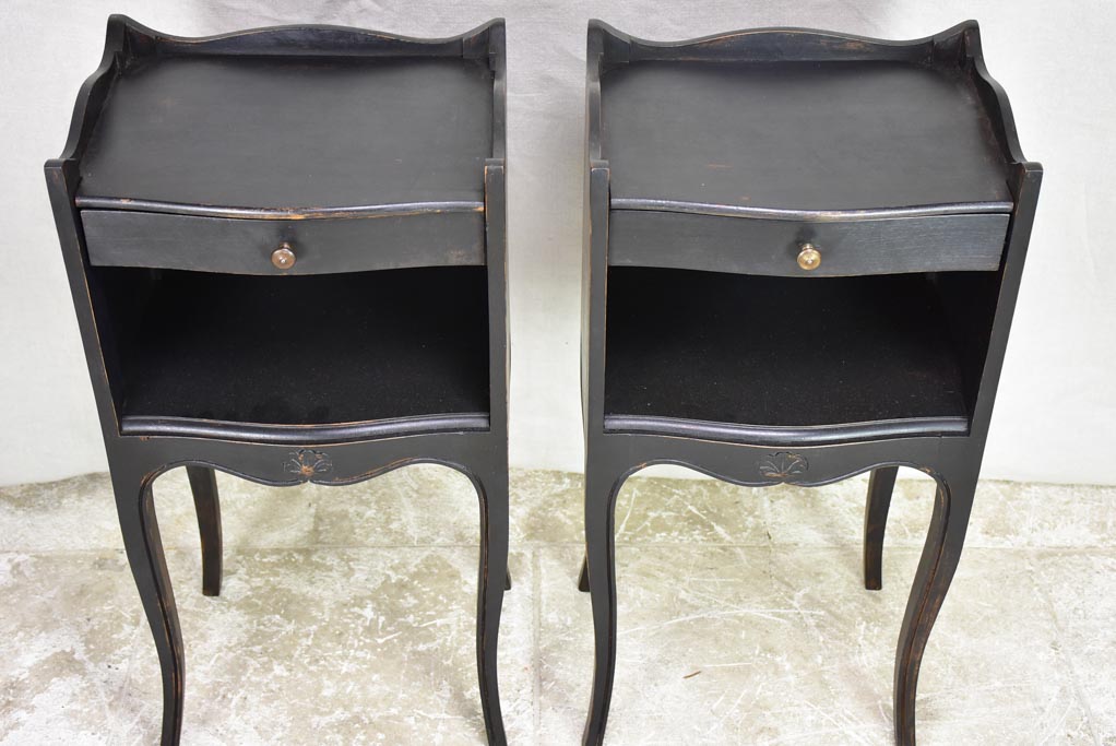 Pair of vintage Louis XV style French nightstands with black paint finish