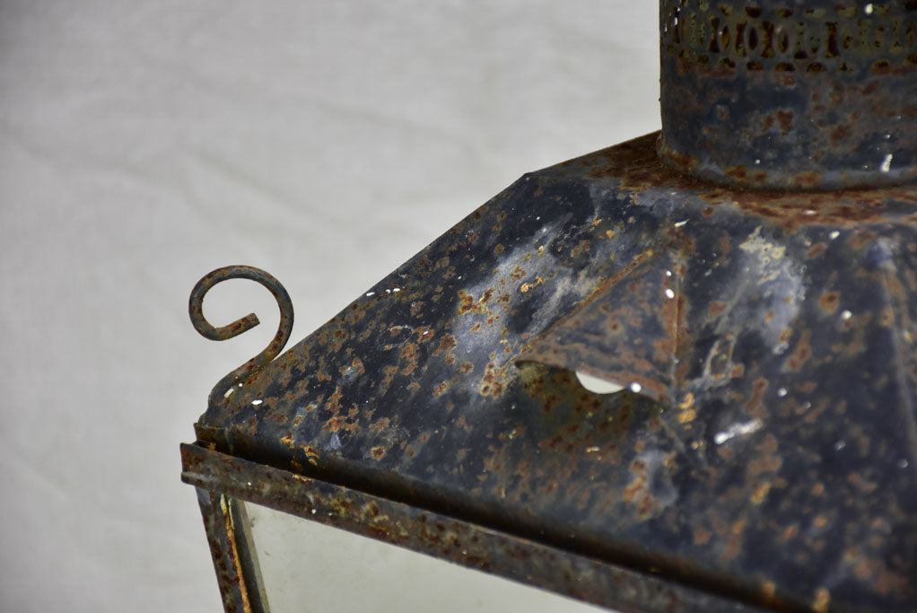 19th Century French lantern with black patina with pretty chimney top 22"