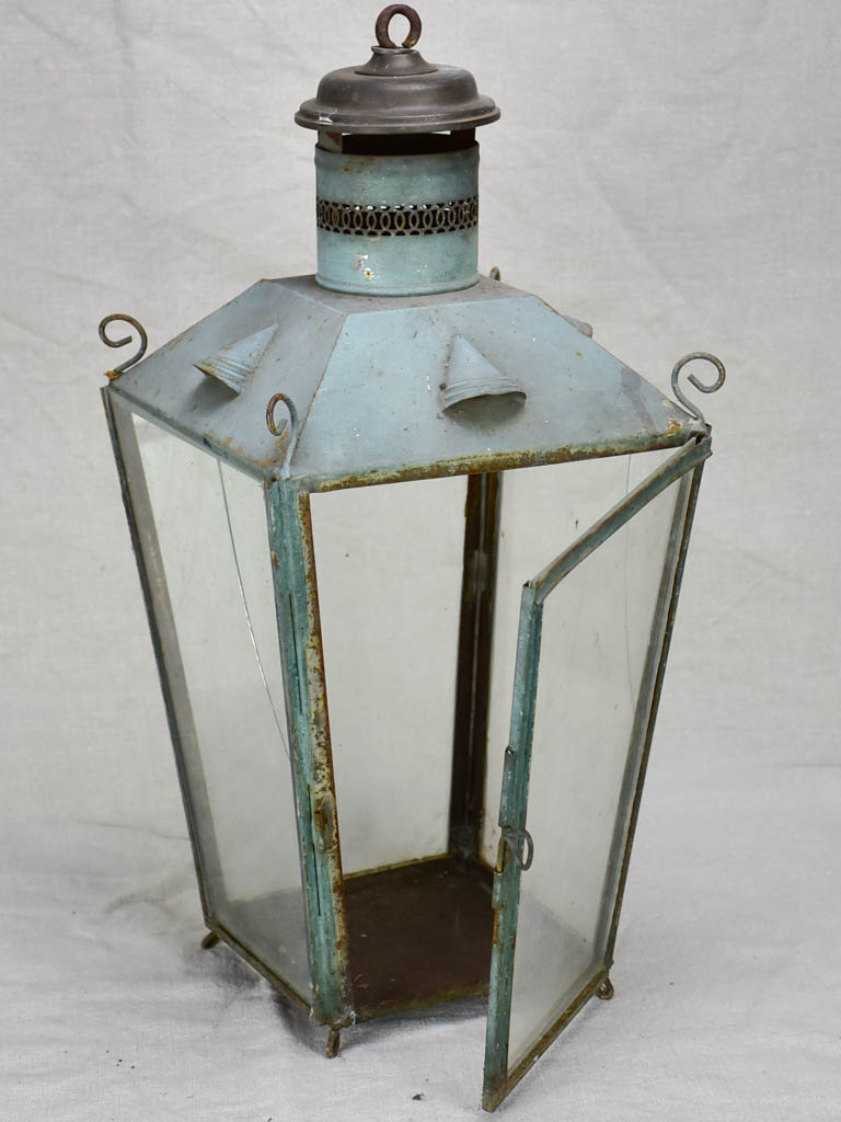 19th Century French lantern with blue / gray patina with pretty chimney 20½"