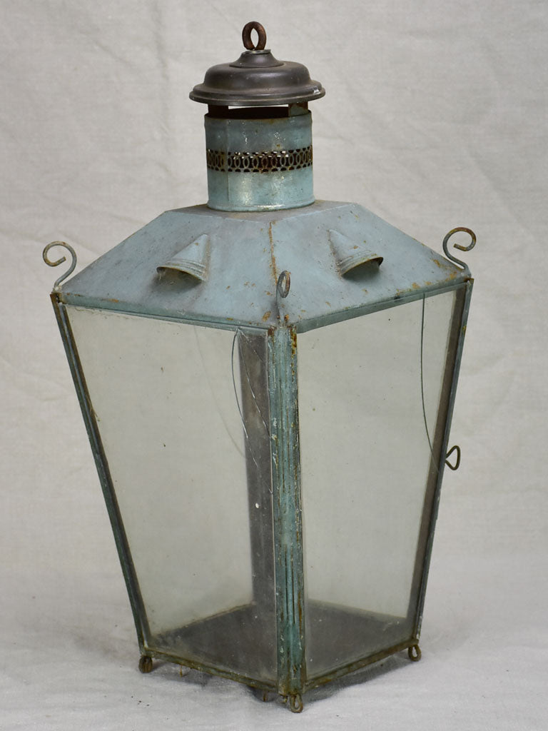19th Century French lantern with blue / gray patina with pretty chimney 20½"