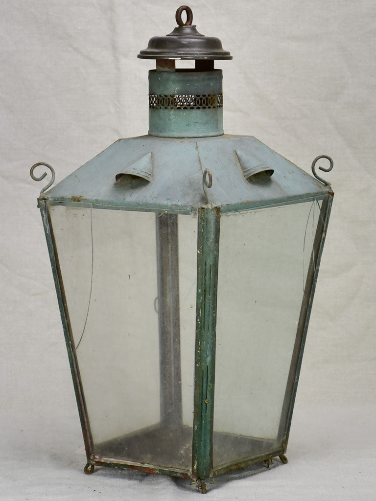 19th Century French lantern with blue / gray patina with pretty chimney 20½"