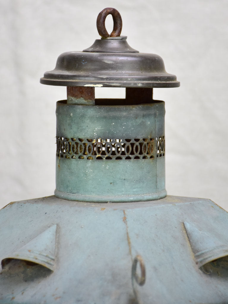 19th Century French lantern with blue / gray patina with pretty chimney 20½"