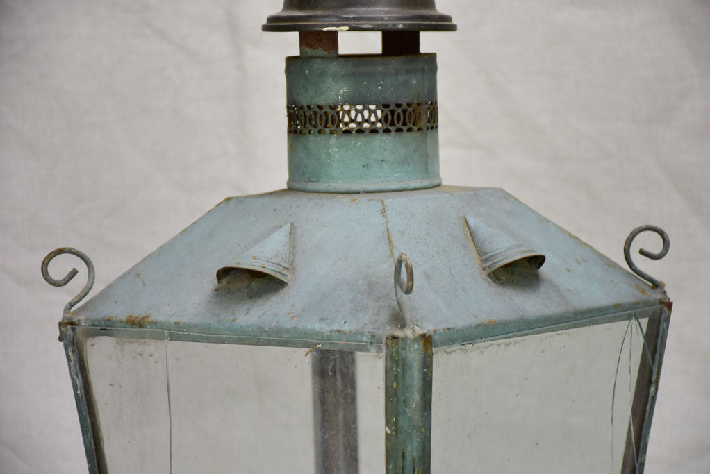 19th Century French lantern with blue / gray patina with pretty chimney 20½"