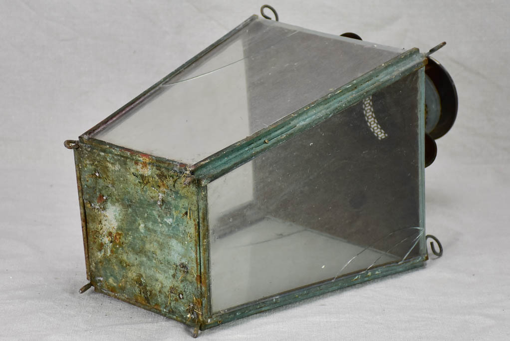 19th Century French lantern with blue / gray patina with pretty chimney 20½"