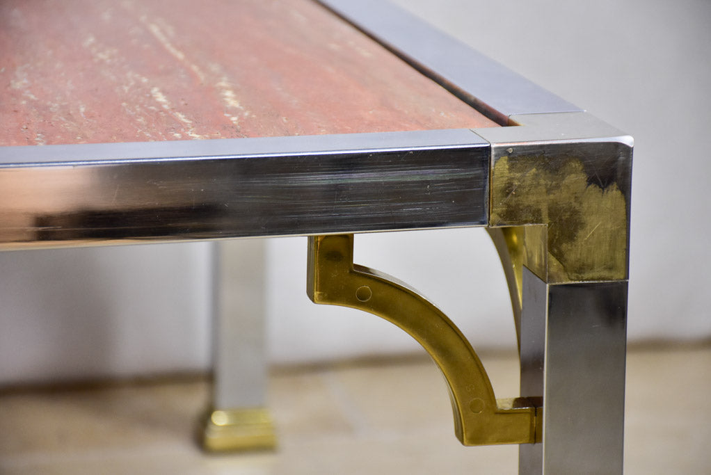 Red travertine Italian coffee table with chrome frame - 1970's/80's 30¼"