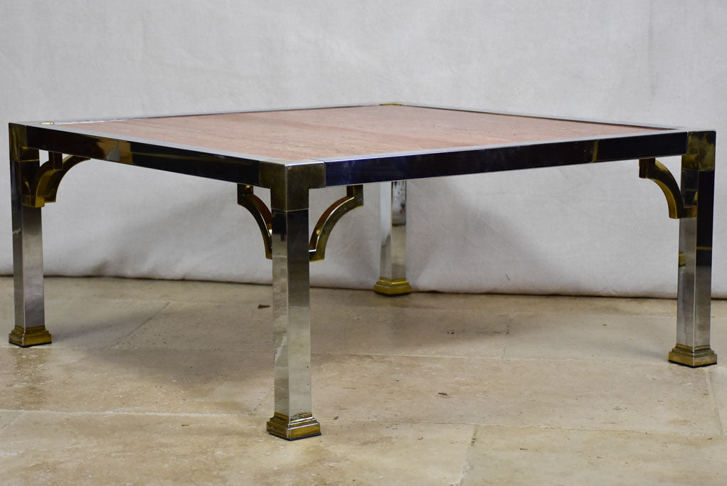 Red travertine Italian coffee table with chrome frame - 1970's/80's 30¼"