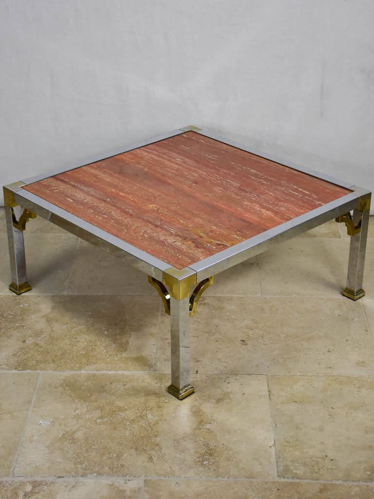 Red travertine Italian coffee table with chrome frame - 1970's/80's 30¼"