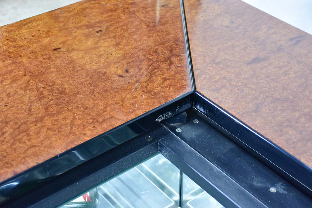 Superb elm wood coffee table with hidden bar attributed to Paul Michel 1980 31" x 49¼"