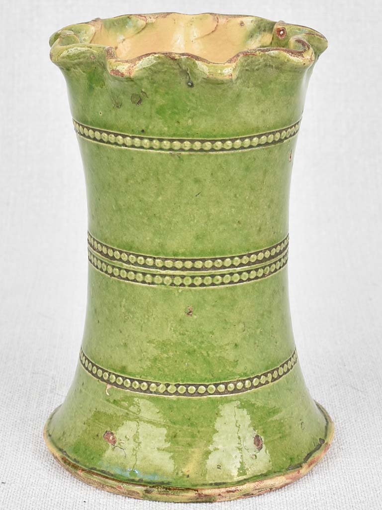 Vintage French vase, green with pearl motif 6"