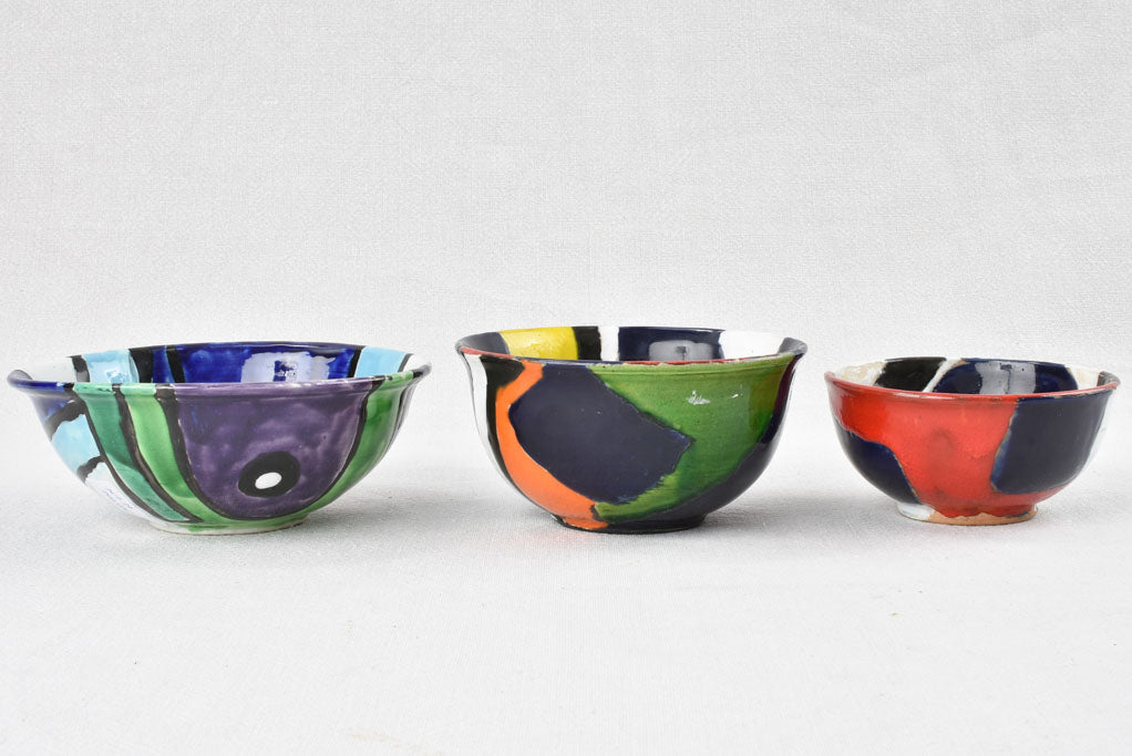 3 colorful terracotta bowls - signed Jacky Coville (1936 - ) 5" - 7"