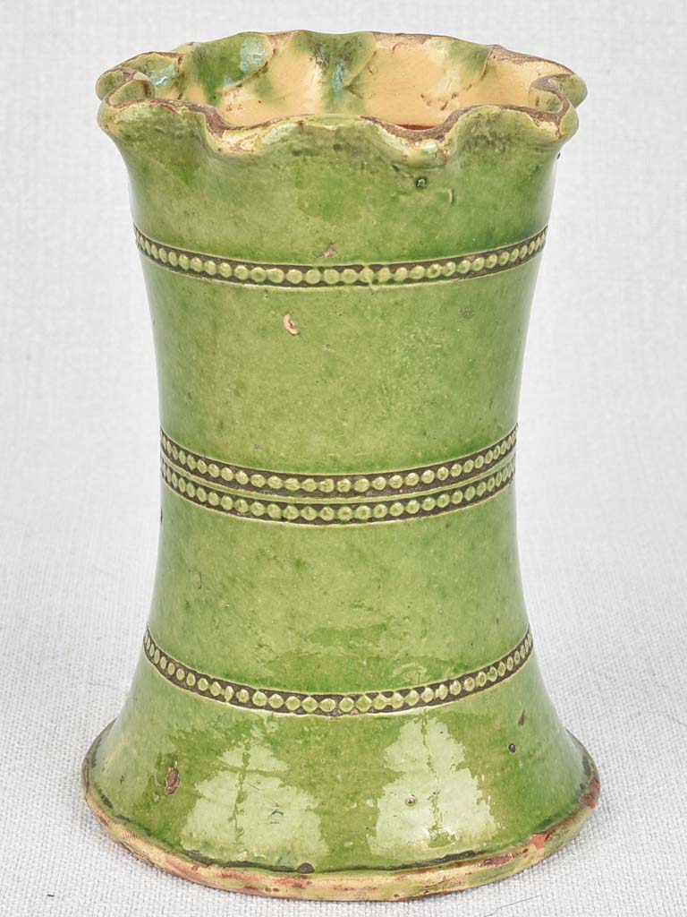 Vintage French vase, green with pearl motif 6"