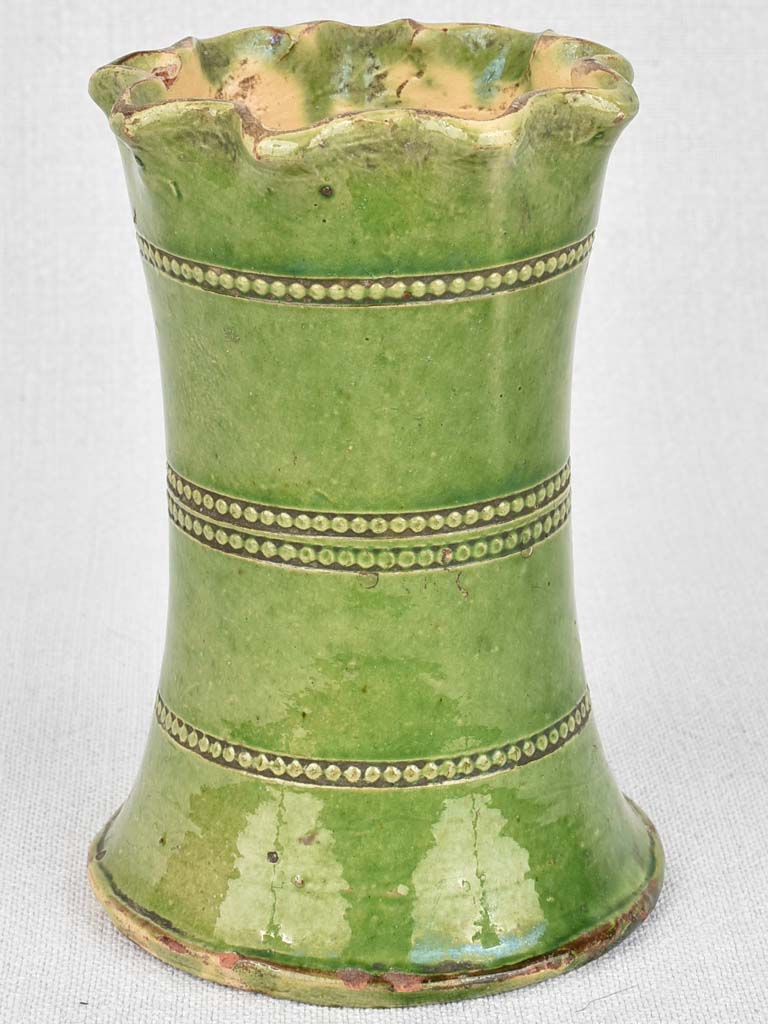 Vintage French vase, green with pearl motif 6"