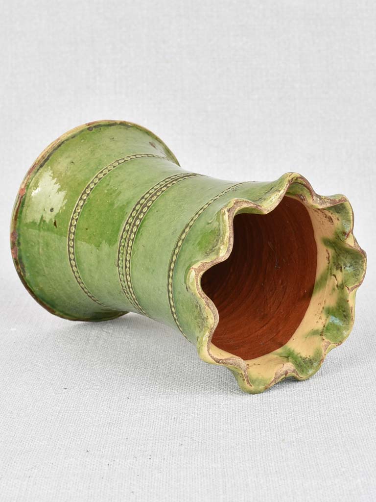 Vintage French vase, green with pearl motif 6"