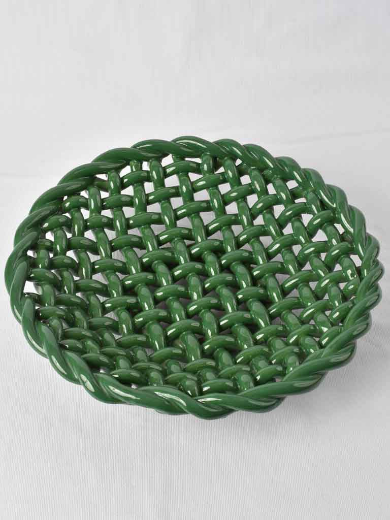 Large ceramic woven bowl - dark green glaze 15"