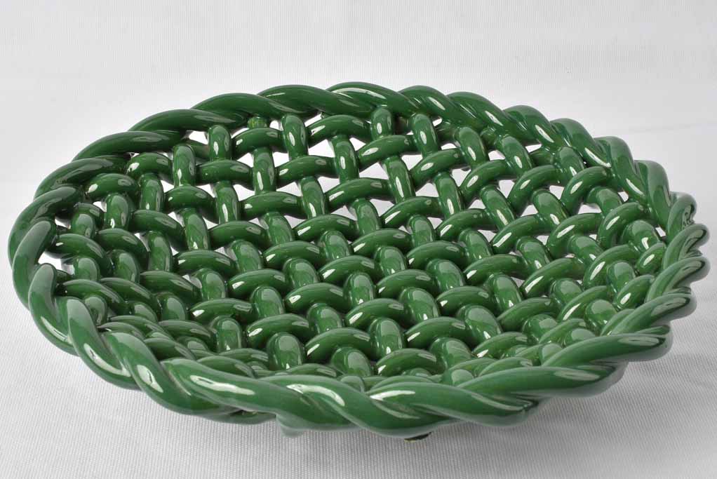 Large ceramic woven bowl - dark green glaze 15"