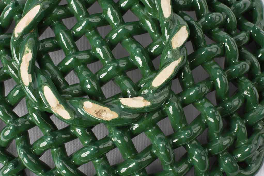 Large ceramic woven bowl - dark green glaze 15"