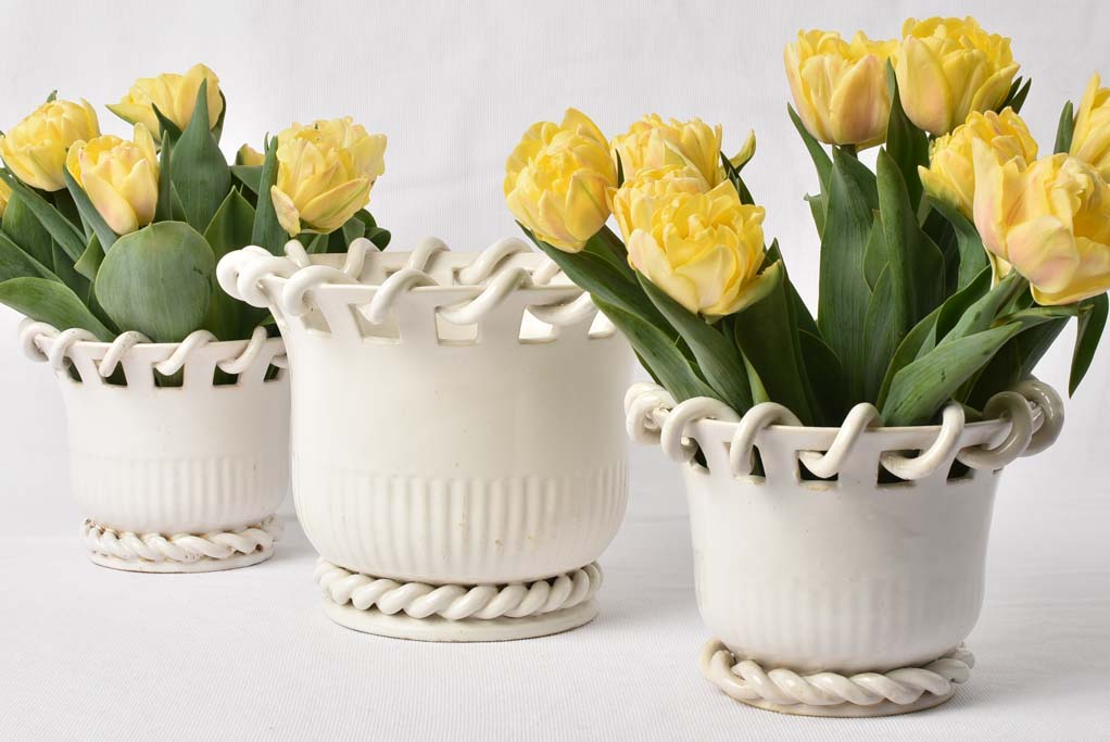 Collection of 3 Émile Tessier cache pots w/ woven detail 6¾"