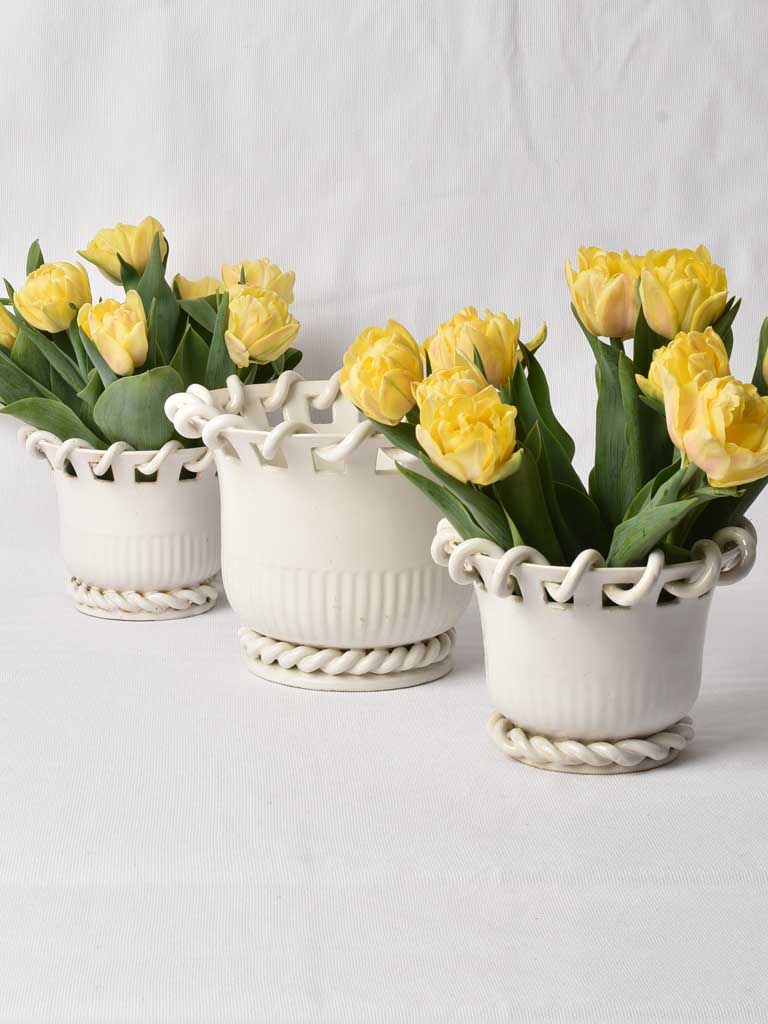 Collection of 3 Émile Tessier cache pots w/ woven detail 6¾"