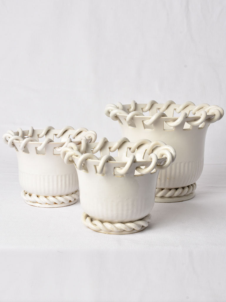 Collection of 3 Émile Tessier cache pots w/ woven detail 6¾"