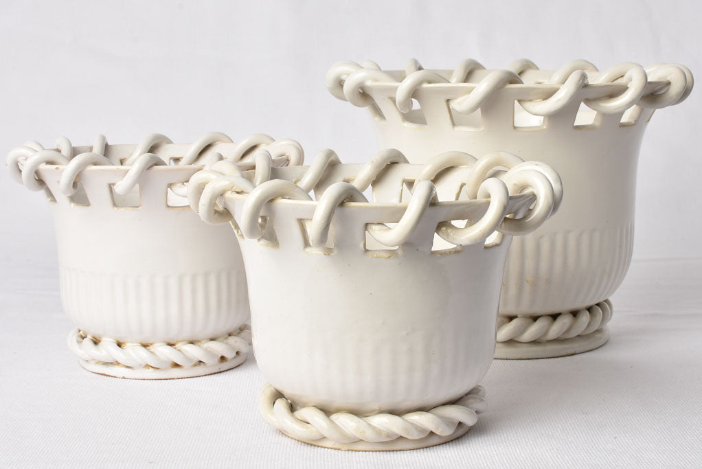 Collection of 3 Émile Tessier cache pots w/ woven detail 6¾"