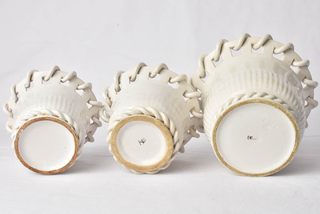 Collection of 3 Émile Tessier cache pots w/ woven detail 6¾"