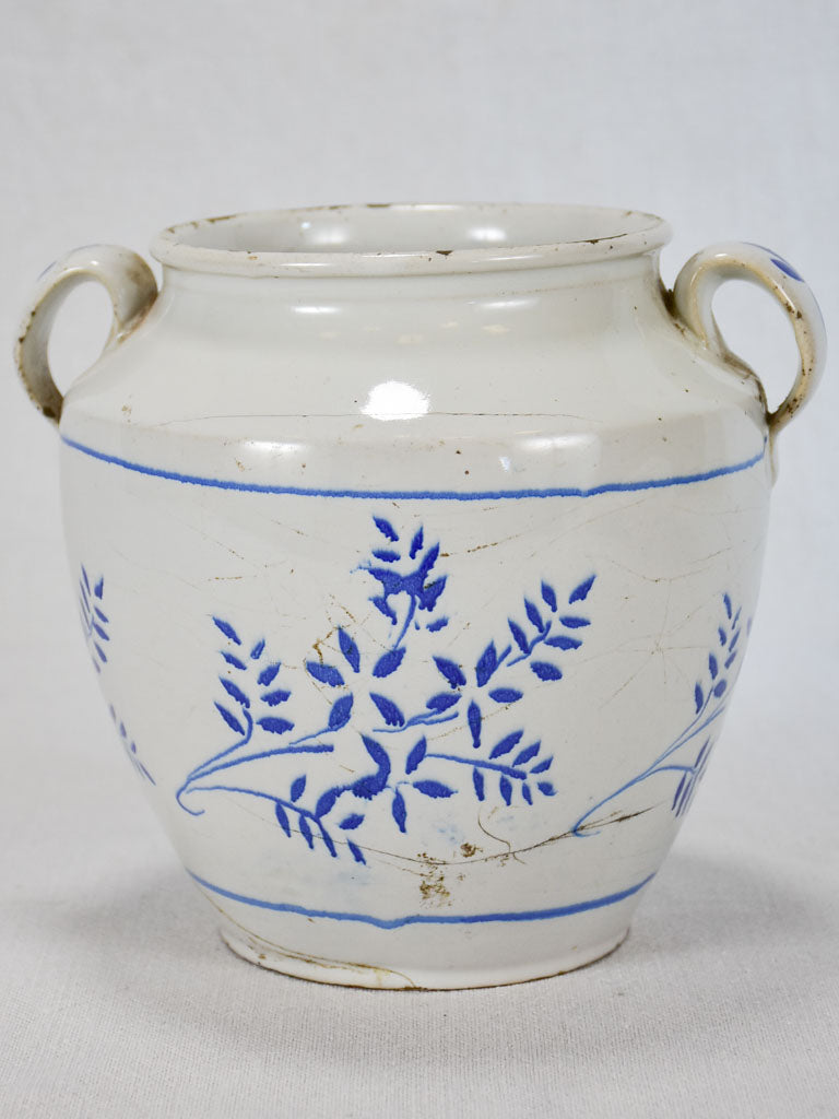 Antique French preserving pot - white with blue flowers 8"