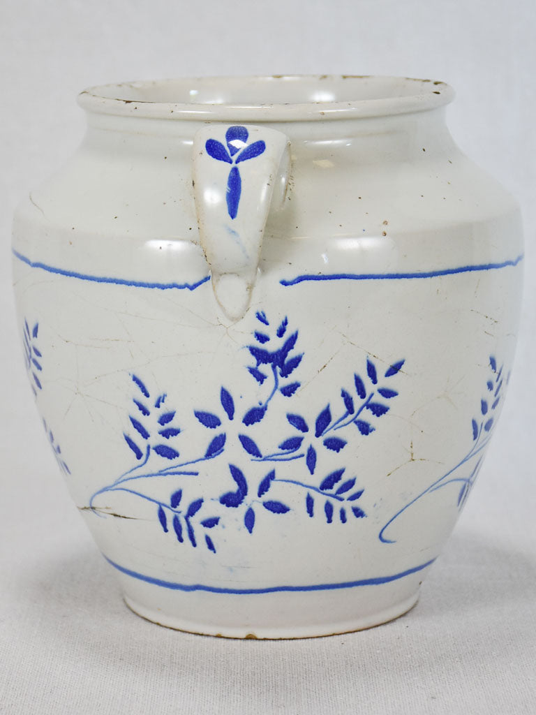 Antique French preserving pot - white with blue flowers 8"
