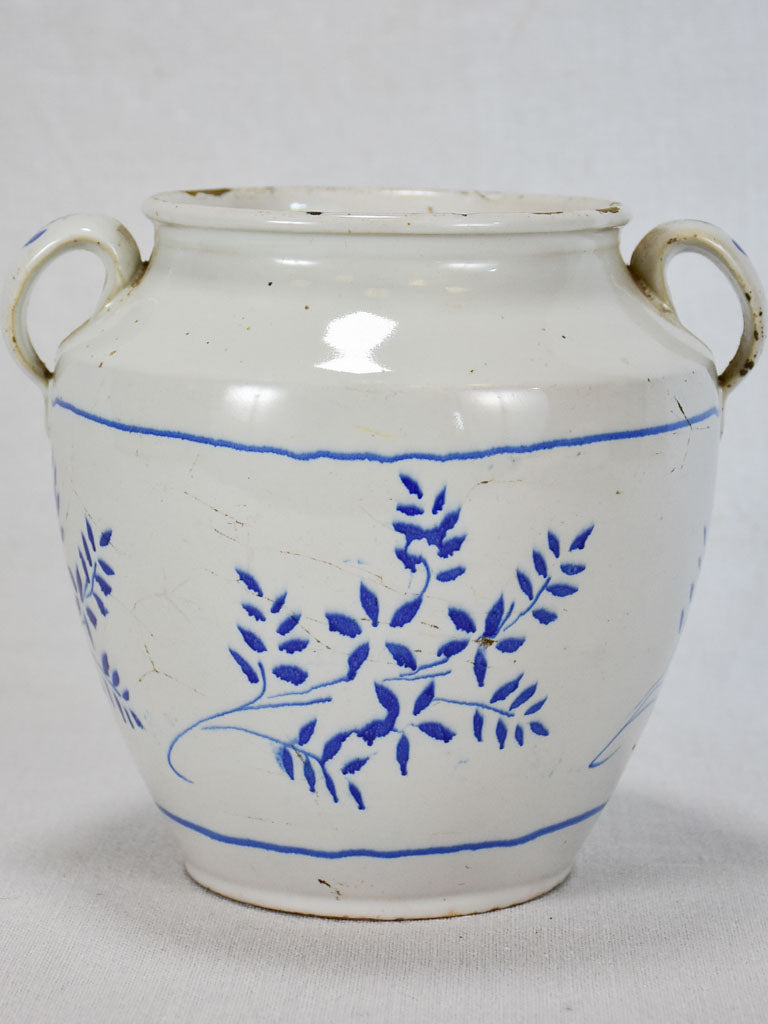 Antique French preserving pot - white with blue flowers 8"