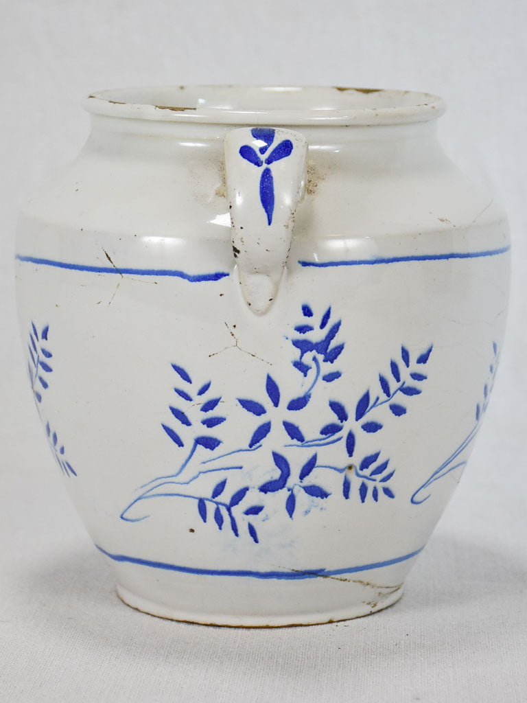 Antique French preserving pot - white with blue flowers 8"
