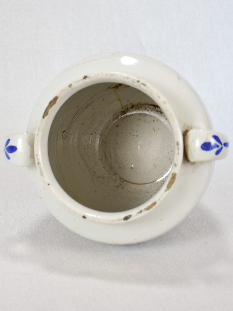 Antique French preserving pot - white with blue flowers 8"