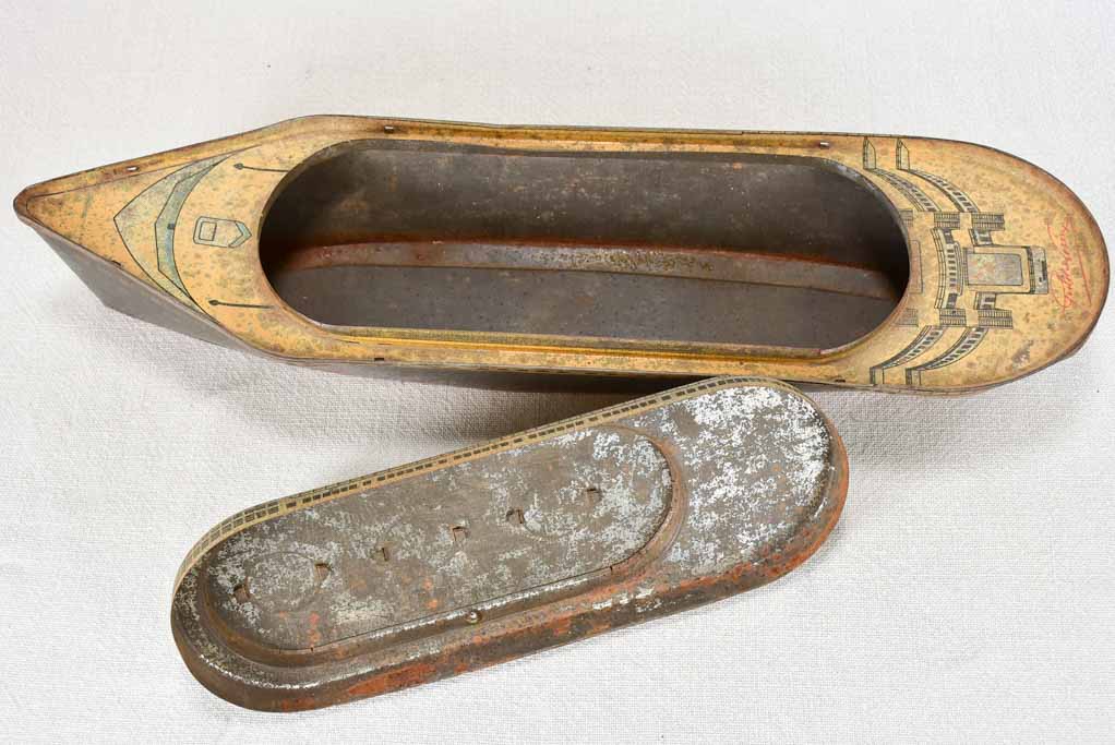 Biscuit tin in the shape of a ship from Normandy - 1930s 18"