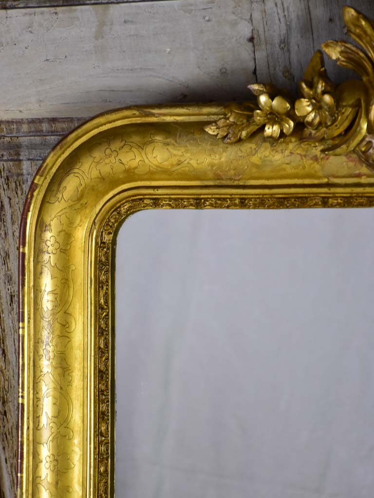 Louis Philippe gilded mantle mirror with decorative pediment and original glass 33" x 40¼"