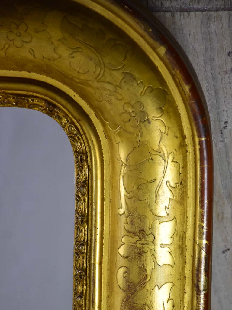 Louis Philippe gilded mantle mirror with decorative pediment and original glass 33" x 40¼"