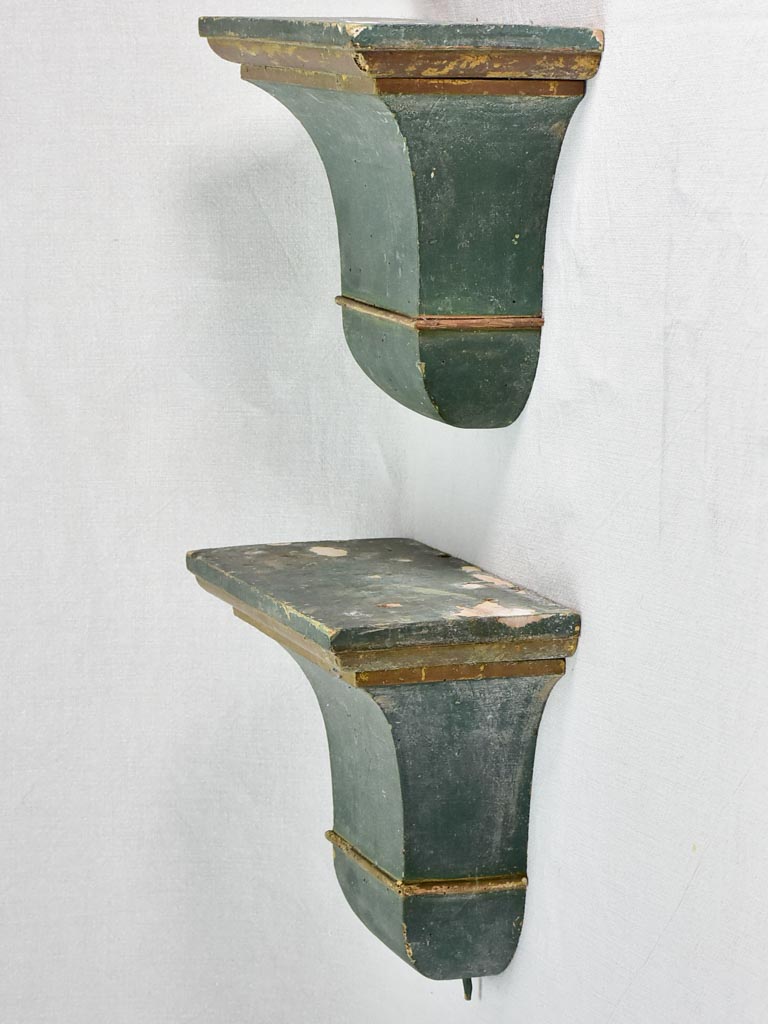 Pair of nineteenth-century French shelves with dark green patina