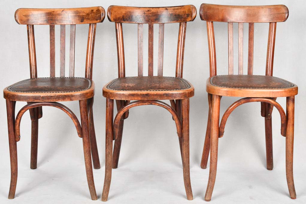 SET OF 3 ANTIQUE FRENCH BISTRO BISTRO CHAIRS WITH MOLESKIN SEATS
