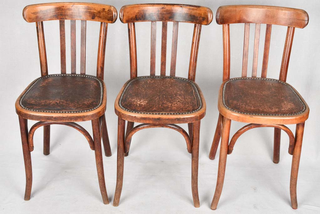 SET OF 3 ANTIQUE FRENCH BISTRO BISTRO CHAIRS WITH MOLESKIN SEATS