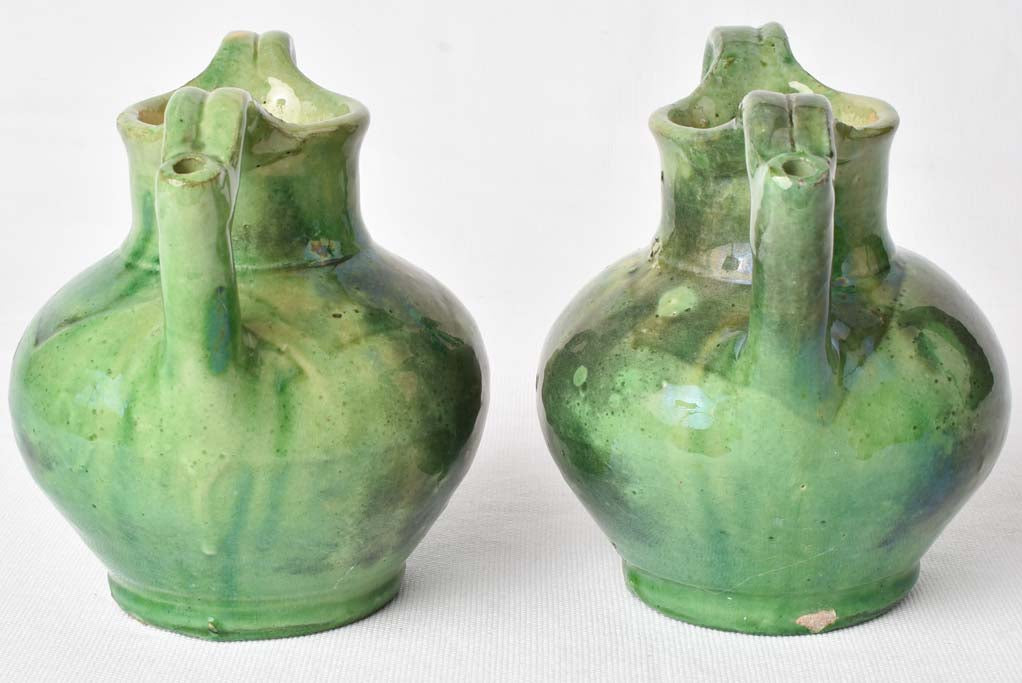 2 very small green water pitchers - gargoulettes 6¾"