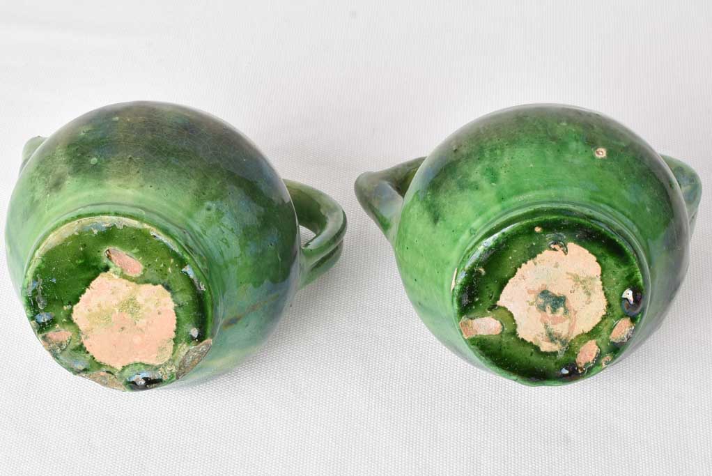 2 very small green water pitchers - gargoulettes 6¾"
