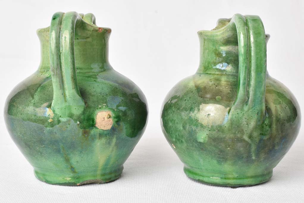 2 very small green water pitchers - gargoulettes 6¾"