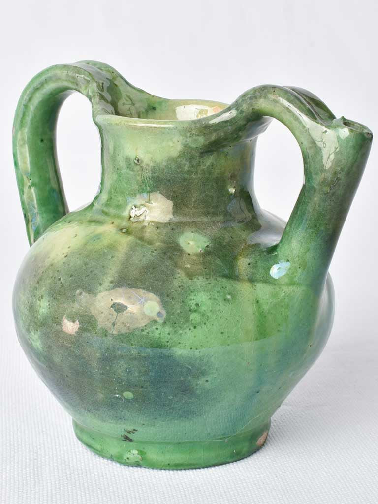 2 very small green water pitchers - gargoulettes 6¾"