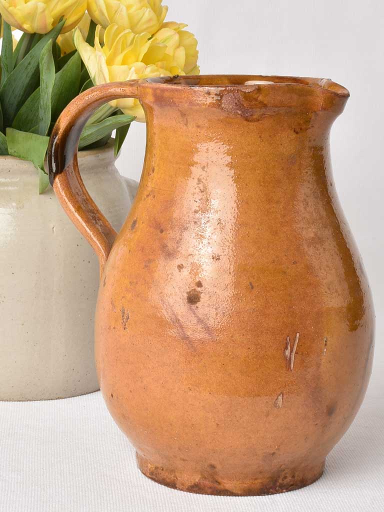 Antique French pitcher with ocher glaze 8¾"