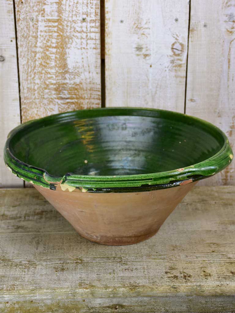 Large antique French ceramic bowl / tian with green glaze
