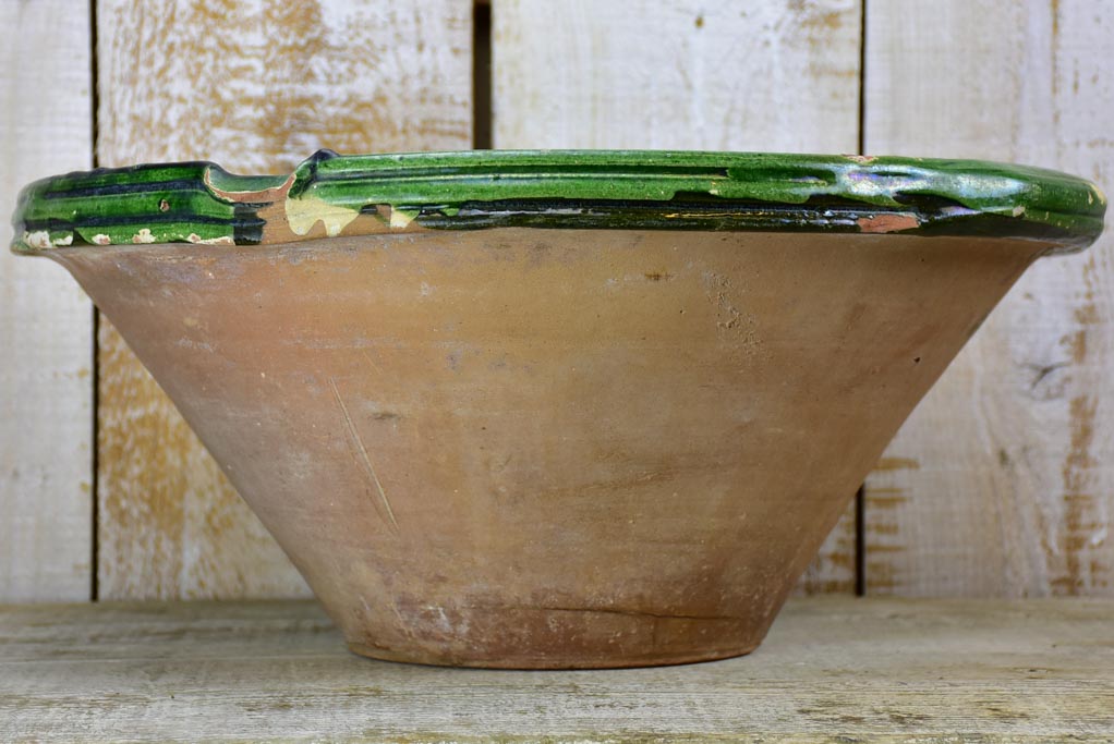Large antique French ceramic bowl / tian with green glaze