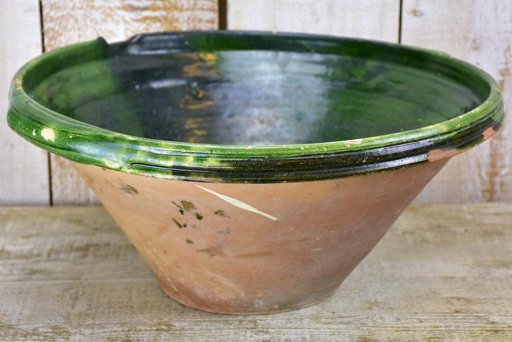 Large antique French ceramic bowl / tian with green glaze
